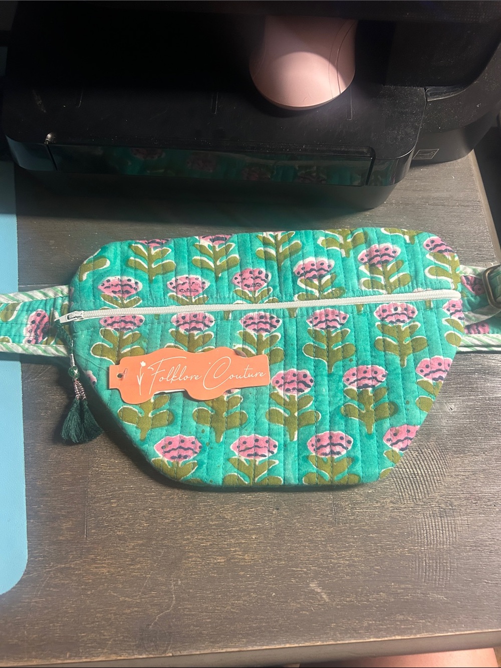 Folklore Couture Teal Floral Quilted Waist Bag